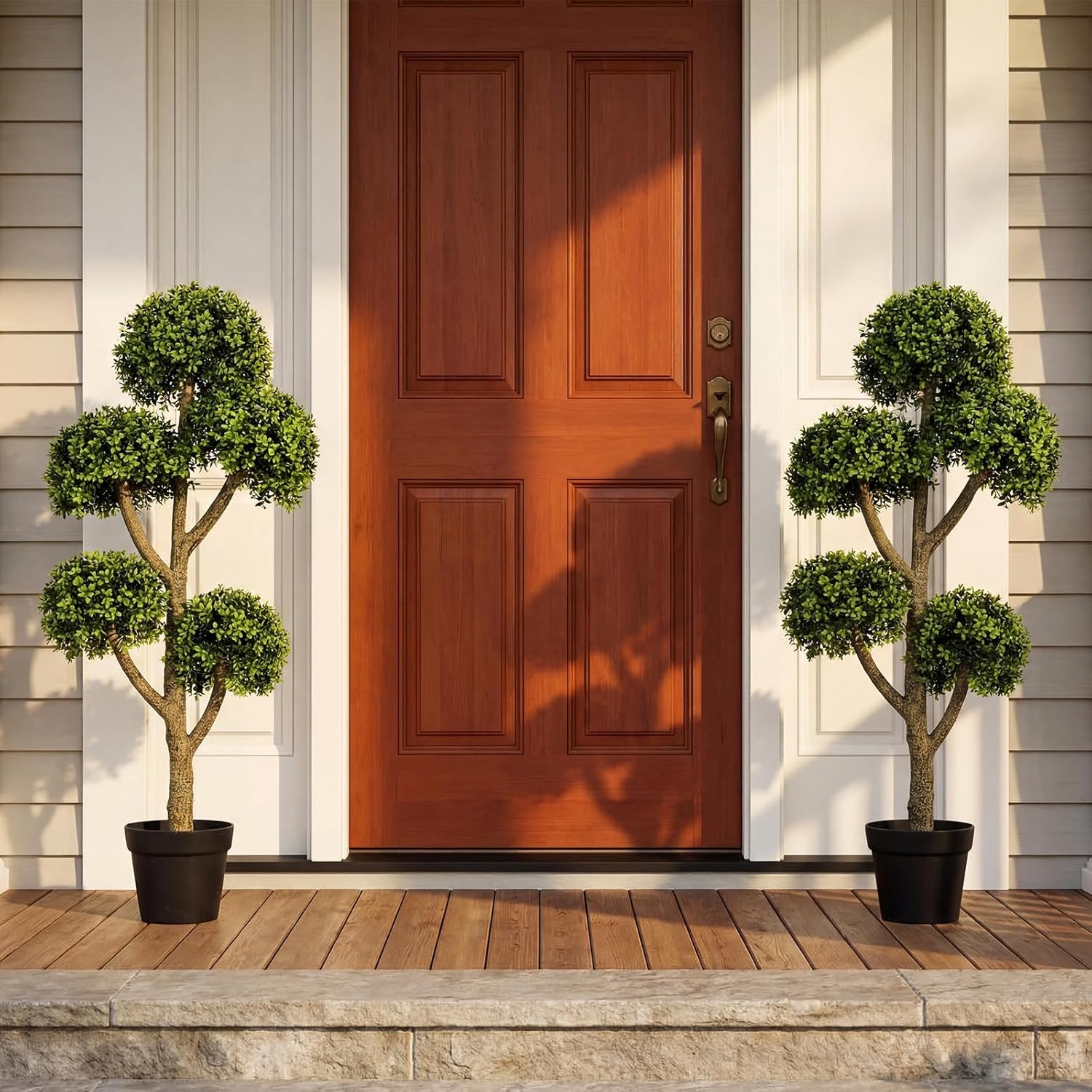 Goplus 46" Artificial Boxwood Topiary Tree, Fake Potted Boxwood Tree with 5 Ball-Shaped Topiaries, Realistic Decorative Faux Outdoor Plant for Indoor, Front Porch, Patio, Home, Office (1)