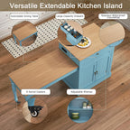 HLR 72" Kitchen Island with Extendable Table for 2-4, Island Table for Kitchen with Power Outlet and Storage Slide Out Legs, Rolling Islands Cart with 2 Doors (Blue)