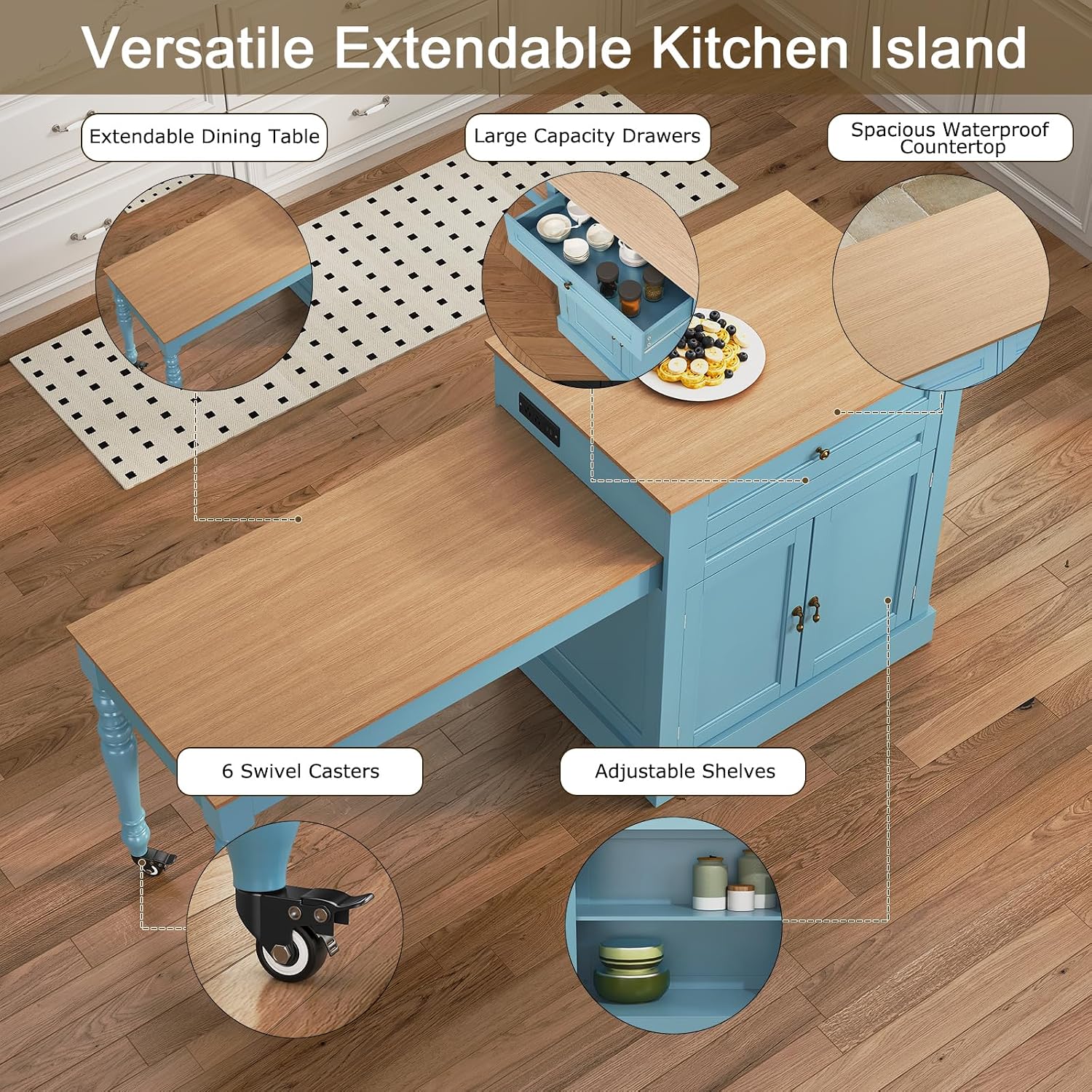 HLR 72" Kitchen Island with Extendable Table for 2-4, Island Table for Kitchen with Power Outlet and Storage Slide Out Legs, Rolling Islands Cart with 2 Doors (Blue)
