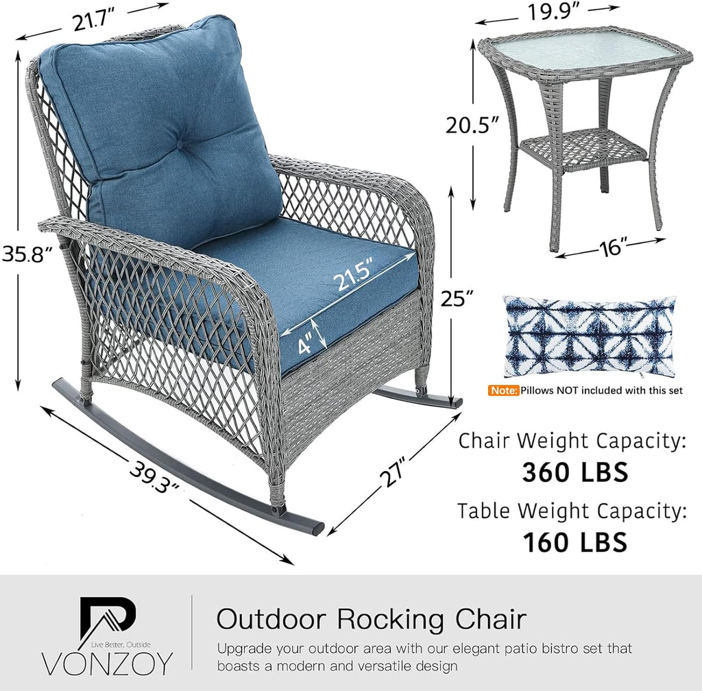 Patio Furniture Set 3 Pieces, Wicker Rocking Bistro Set with Thick Cushions, Outdoor Rocker Chairs and Coffee Table for Porch, Backyard or Garden (Blue)