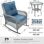 Patio Furniture Set 3 Pieces, Wicker Rocking Bistro Set with Thick Cushions, Outdoor Rocker Chairs and Coffee Table for Porch, Backyard or Garden (Blue)