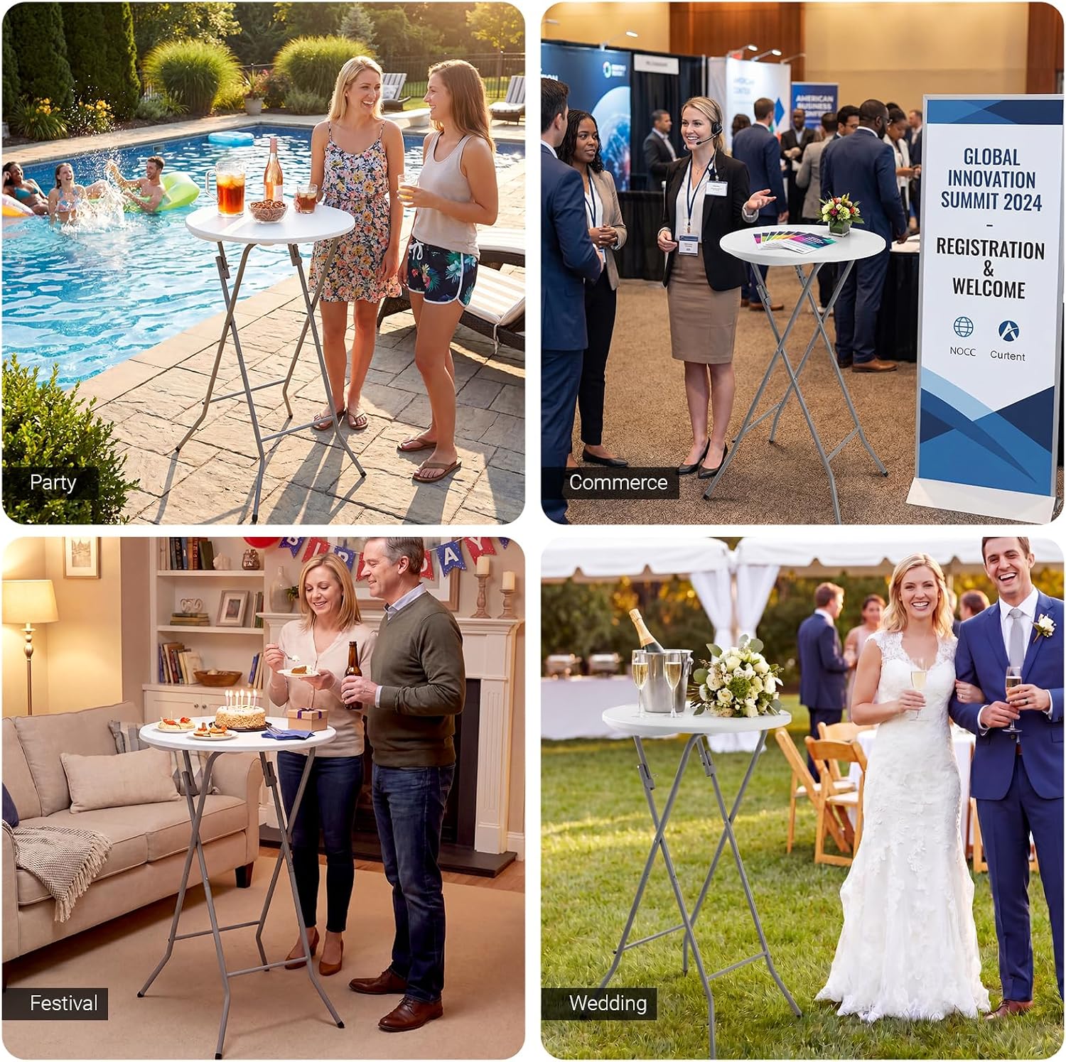 Byliable 24in Round Cocktail Table, Bar Height High Top Foldable Bistro Table with Removable Legs, Portable Plastic Indoor Outdoor for Patio, Party, Backyard, Events, White