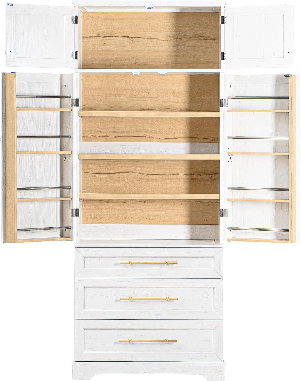Farmhouse Kitchen Pantry Cabinet with 8 Door Shelves and 3 Large Drawers, Tall Storage Cabinet Cupboard with Adjustable Shelves for Kitchen, Dining Room, Bathroom (Retro White)