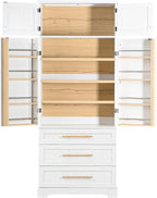 Farmhouse Kitchen Pantry Cabinet with 8 Door Shelves and 3 Large Drawers, Tall Storage Cabinet Cupboard with Adjustable Shelves for Kitchen, Dining Room, Bathroom (Retro White)