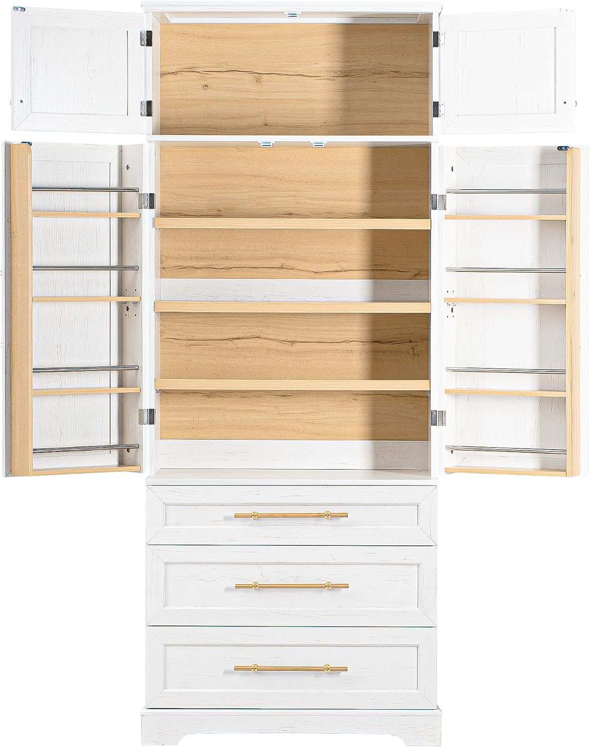 Farmhouse Kitchen Pantry Cabinet with 8 Door Shelves and 3 Large Drawers, Tall Storage Cabinet Cupboard with Adjustable Shelves for Kitchen, Dining Room, Bathroom (Retro White)