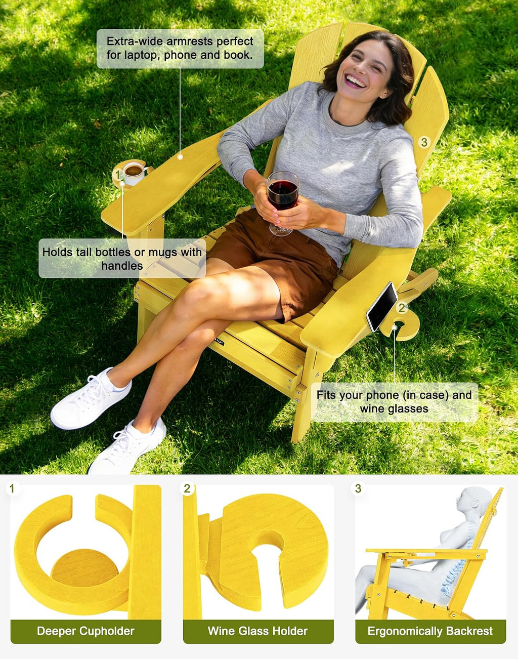 Folding Adirondack Chair with Dual Cup Holders, All-Weather HDPE Patio Chair Deck Chairs Outdoor, Fire Pit Chairs for Garden, Lawn,Backyard, Pool, Yellow (Wood Grain Finish)