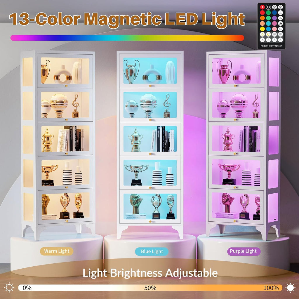5-Tier Glass Display Cabinet with LED Lights, 67" Curio Cabinet, White | Flip-Up Doors, 13-Color LED Lights, 3-Side Tempered Glass Display Case for Books, Collectibles, Figures