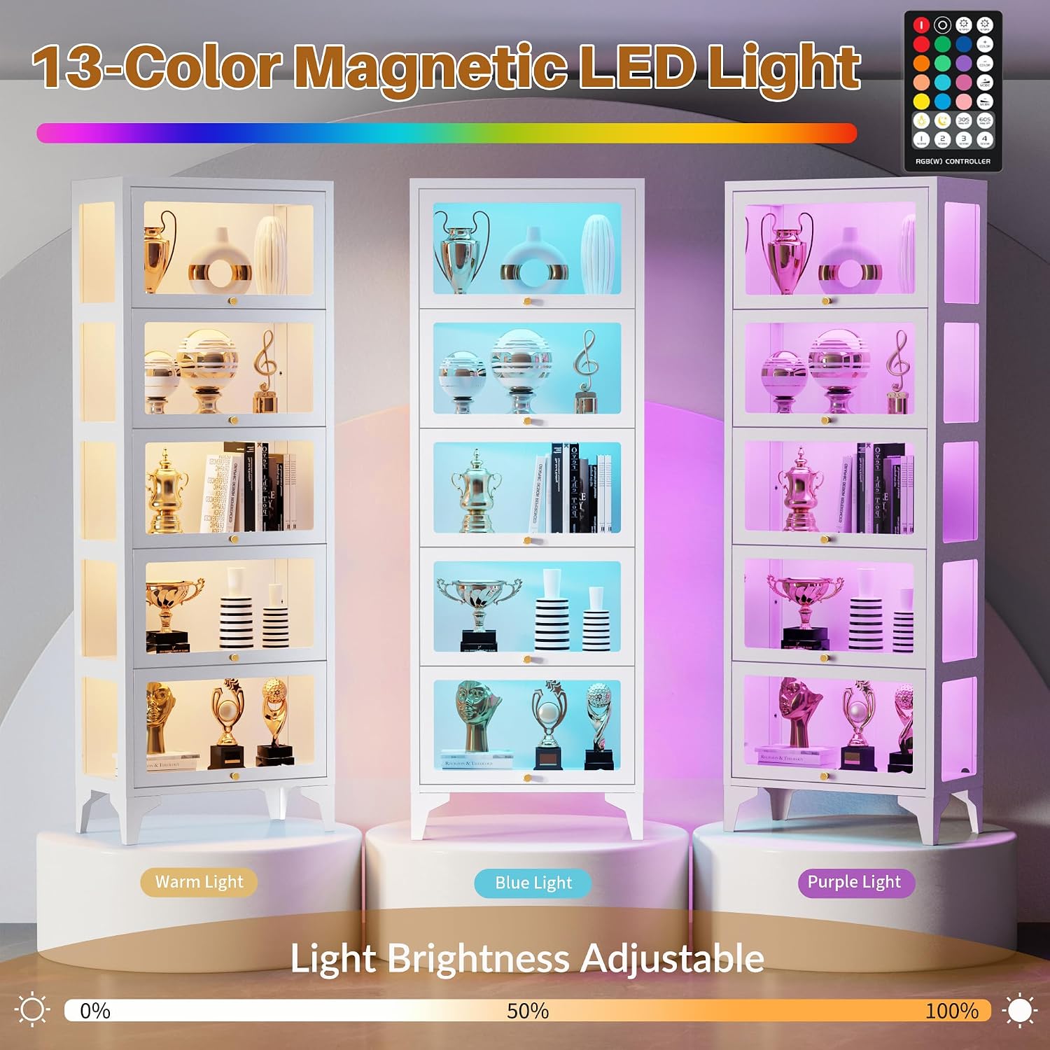 5-Tier Glass Display Cabinet with LED Lights, 67" Curio Cabinet, White | Flip-Up Doors, 13-Color LED Lights, 3-Side Tempered Glass Display Case for Books, Collectibles, Figures