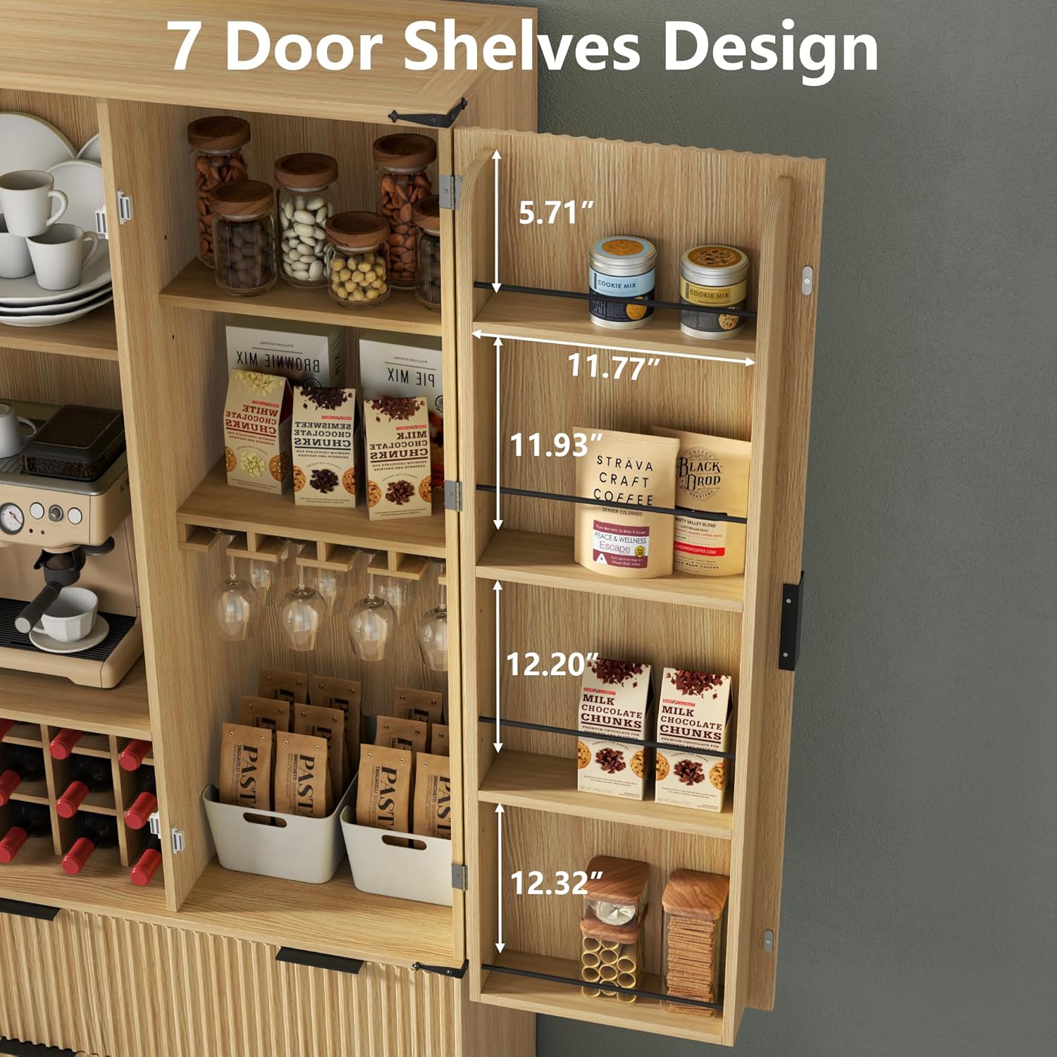 Loomie 71" Tall Kitchen Pantry Cabinet, Modern Fluted Storage Cabinet w/2 Drawers, 5 Adjustable Shelves & 7 Door Shelves, Wine Bar Cabinet w/Wine Rack & Glass Holder, Cupboard for Kitchen (Natural)