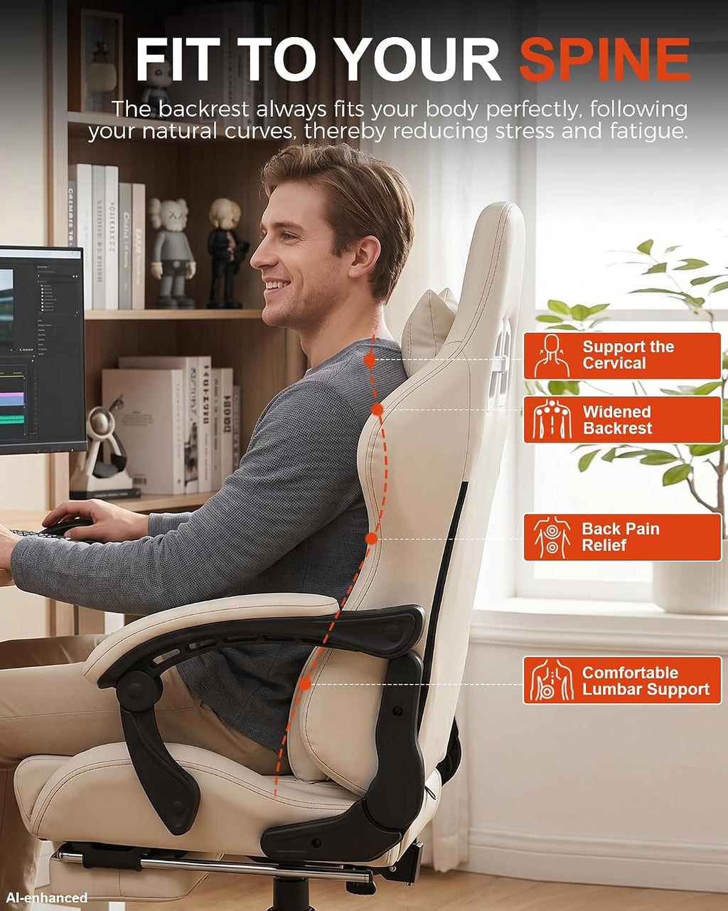 Big and Tall Gaming Chair with Massage and Footrest, Ergonomic High Back PU Leather Computer Office Chair for Heavy Adults, Supports 350LBS, Modern Ivory