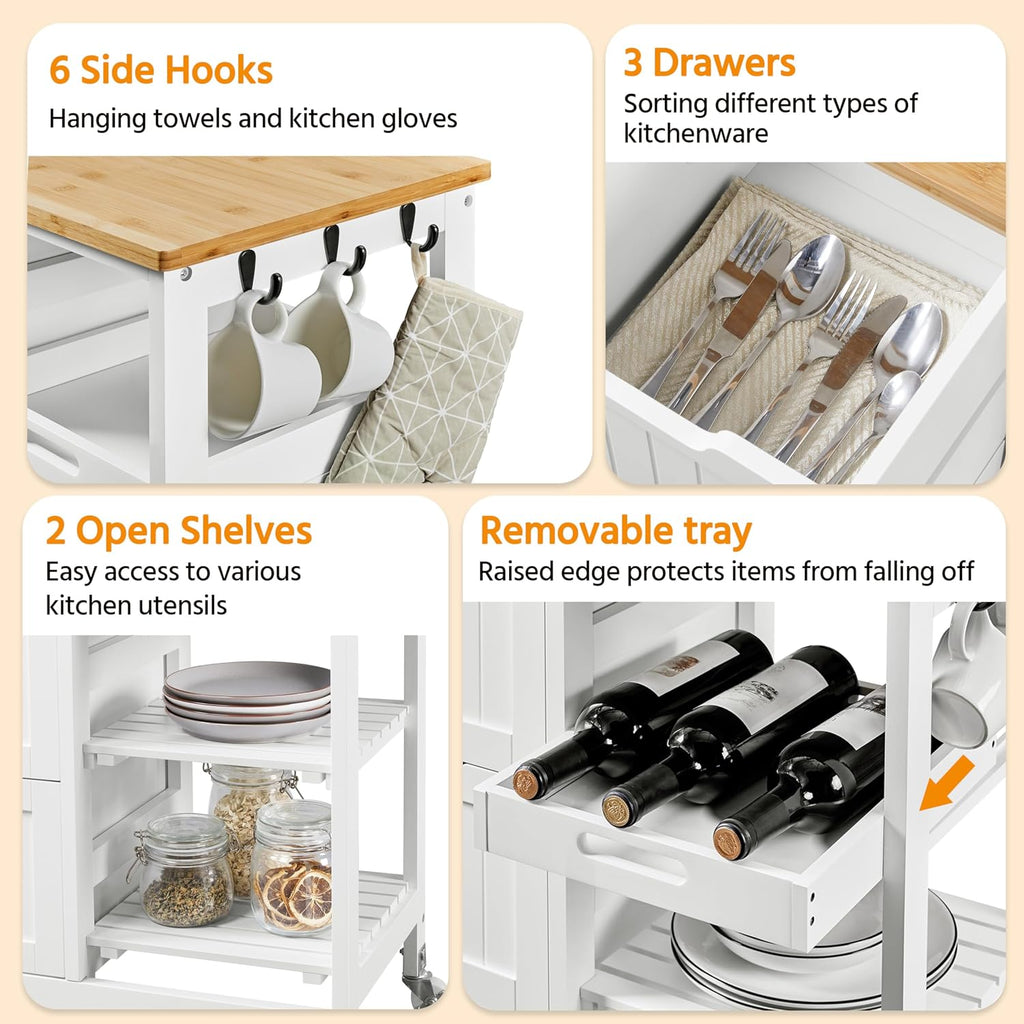 Yaheetech Kitchen Island Cart on Wheels, Rolling Storage Cart with Bamboo Countertop, 3 Drawers, 3 Removable Shelves & Lockable Casters for Dining Room, Bar, White