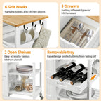 Yaheetech Kitchen Island Cart on Wheels, Rolling Storage Cart with Bamboo Countertop, 3 Drawers, 3 Removable Shelves & Lockable Casters for Dining Room, Bar, White
