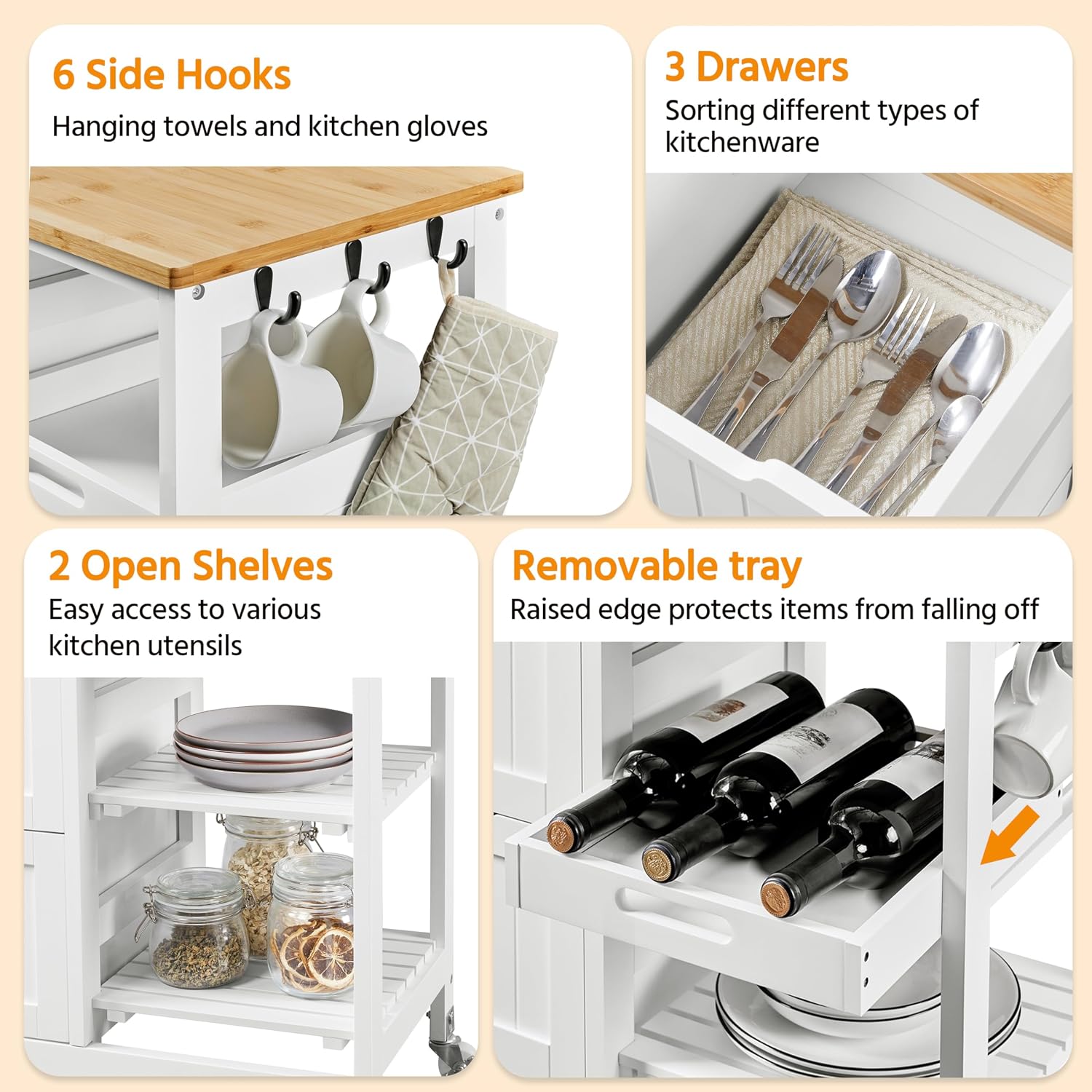 Yaheetech Kitchen Island Cart on Wheels, Rolling Storage Cart with Bamboo Countertop, 3 Drawers, 3 Removable Shelves & Lockable Casters for Dining Room, Bar, White