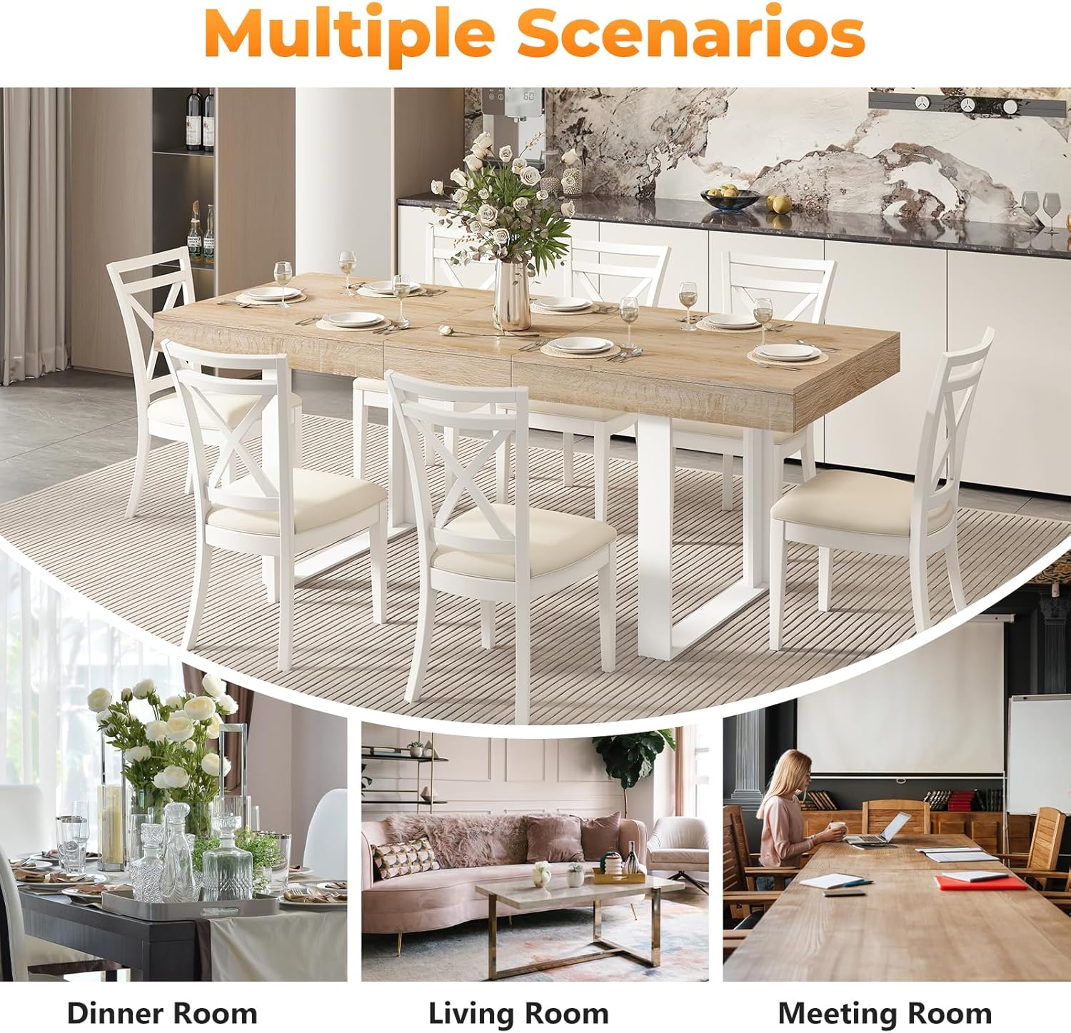 Zevemomo 63"-78.7" Expandable Dining Table, 6-10 Extendable Dining Table, Rectangle Conference Table, Farmhouse Kitchen Table with Slide Track, Tapered U-Shaped Wood Legs for Office, Living Room-Oak