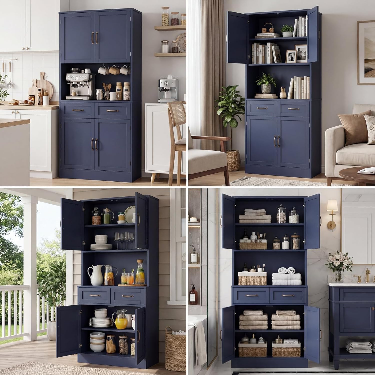 HOSTACK 71“ Tall Kitchen Pantry Storage Cabinet, Modern Kitchen Hutch Bar Cabinet with Microwave Stand, Wood Buffet Sideboard with Hutch, Cupboard with Drawers, Shelves for Dining Room, Blue