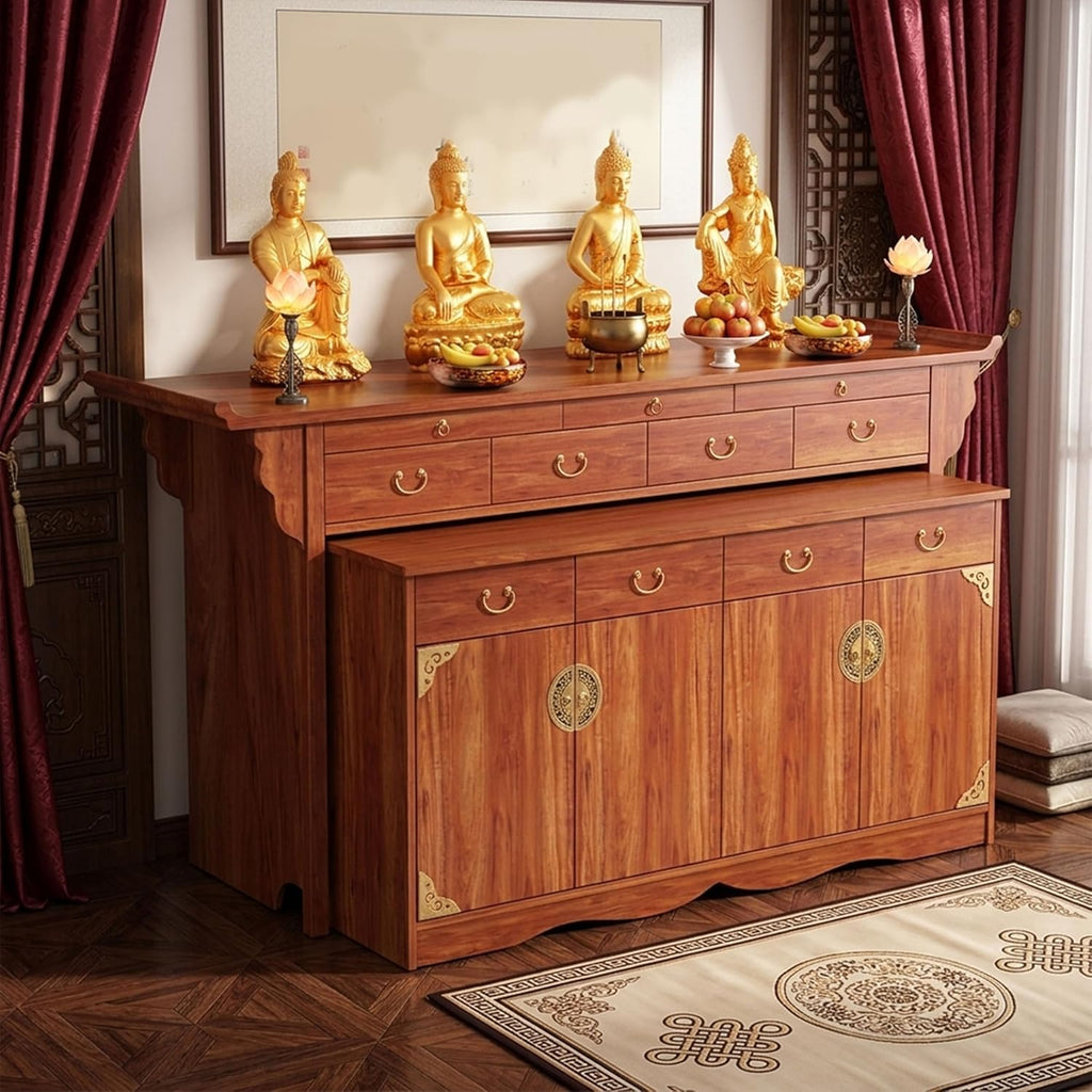 Multi-Tier Personal Shrine Altar Table with Drawer Storage, Large Wooden Buddhist Shrine Cabinet with Pull-Out Shelf, Detachable Meditation Table (Sandalwood, 84.6" L * 26.8" W * 42.5" H in)