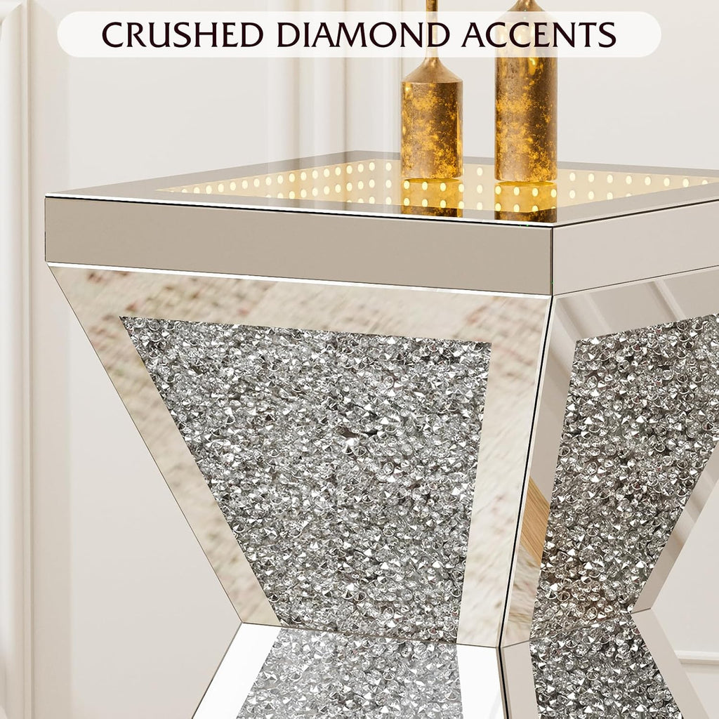 IKIFLY Mirrored Nightstand Set of 2, LED End Table with Irregular Base, Silver Accent Beside Table with Crushed Diamond for Living Room, Bedroom and Office (Remote Control Included)