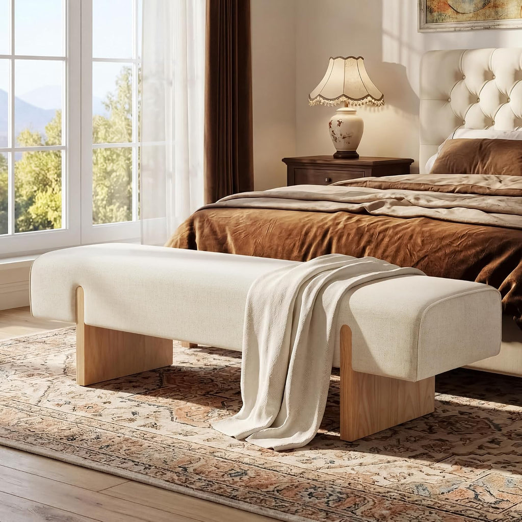 55’’ Upholstered End of Bed Bench, Linen Entryway Bench with Solid Wood Legs, Farmhouse Wooden Dining Room Bench for Bedroom, Living Room, Beige