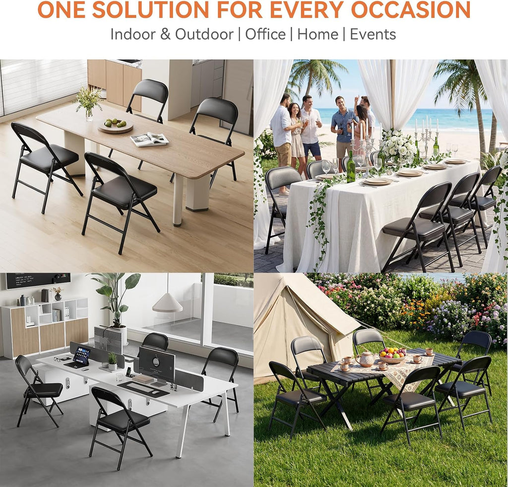 Upgrade 18% Thicker 6 Pack Folding Chair with Cushion Heavy Duty Folding Chair for Outside and Indoor Leather Padded Folding Chairs Durable Steel Frame for Home and Office Party