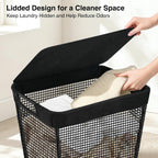 STO STO 75L Laundry Hamper with Lid, Black Clothes Hamper with Handles, Breathable Vinyl Mesh Laundry Basket, Sturdy Steel Frame, Space Saving Laundry Bin for Bathroom, Bedroom, Dorm, Small Spaces