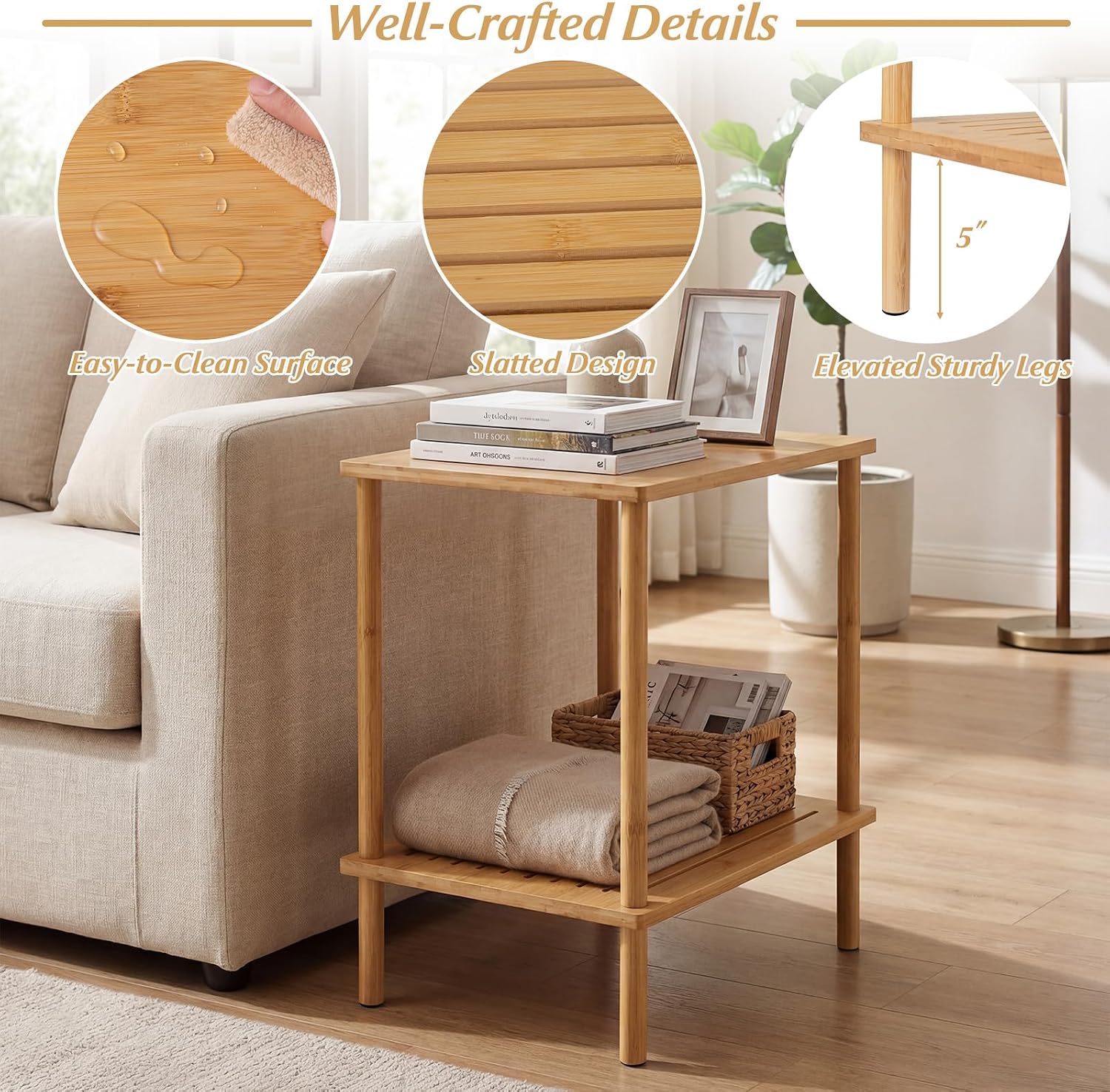 Giantex Bamboo Side Table Set of 2, 2-Tier Sofa End Bedside Table w/Storage Shelves, Rectangular Accent Coffee Tables, Narrow Nightstand for Small Spaces, Boho Night Stand for Living Room Bedroom