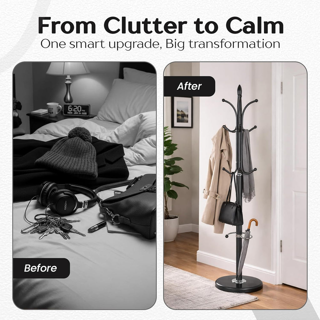 Modern Metal Coat Rack with Sturdy Natural Marble Base for Coat, Jacket, Hat, Cloths, Bags - Freestanding Coat Stand with 12 Hooks & Umbrella Holder for Entryway, Hallway, Corner, Office