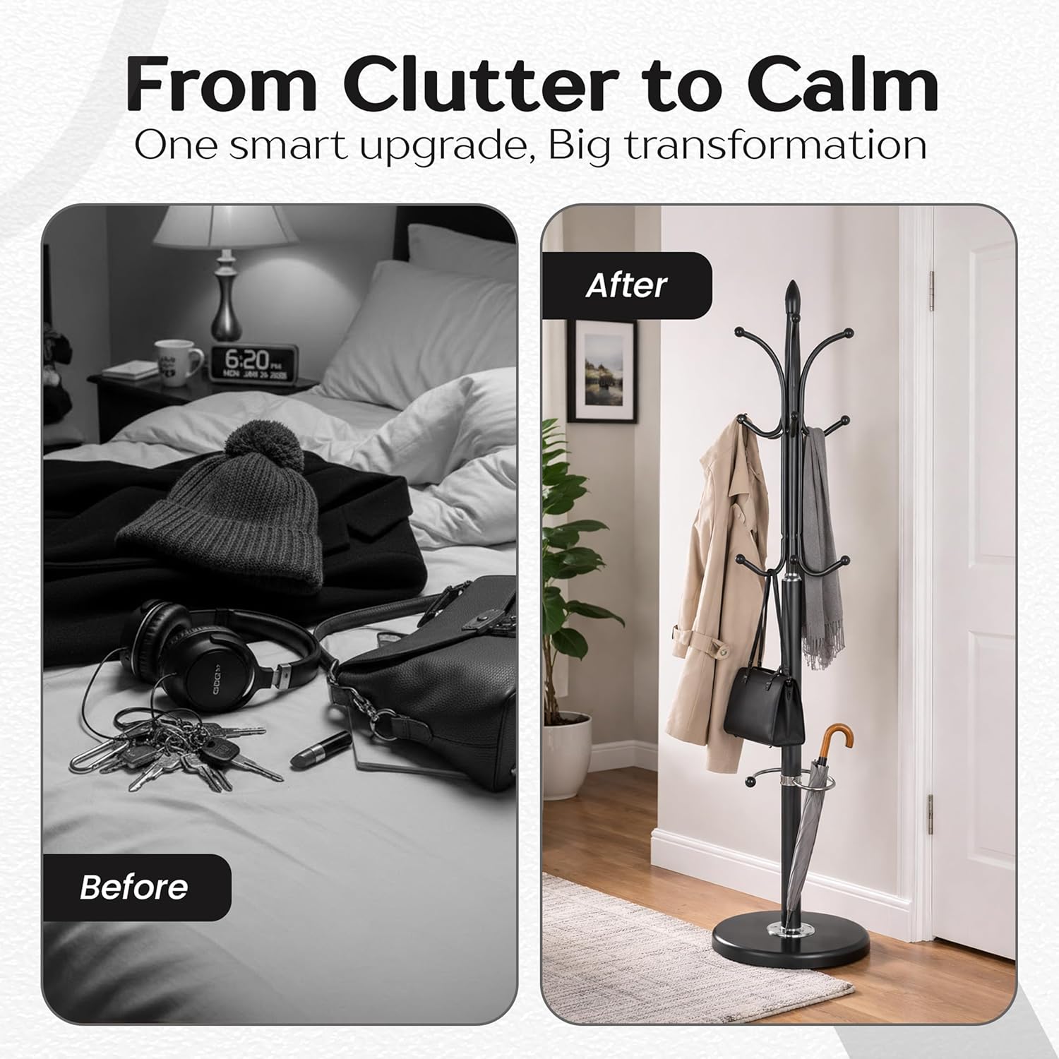 Modern Metal Coat Rack with Sturdy Natural Marble Base for Coat, Jacket, Hat, Cloths, Bags - Freestanding Coat Stand with 12 Hooks & Umbrella Holder for Entryway, Hallway, Corner, Office