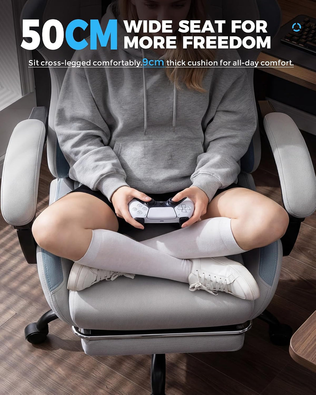 GTPLAYER Gaming Chair Fabric with Pocket Spring Cushion,Computer Office Chair with Lumbar Support for Adults Linkage Armrests and Footrest Ergonomic Gamings Chairs Height Adjustable Gray