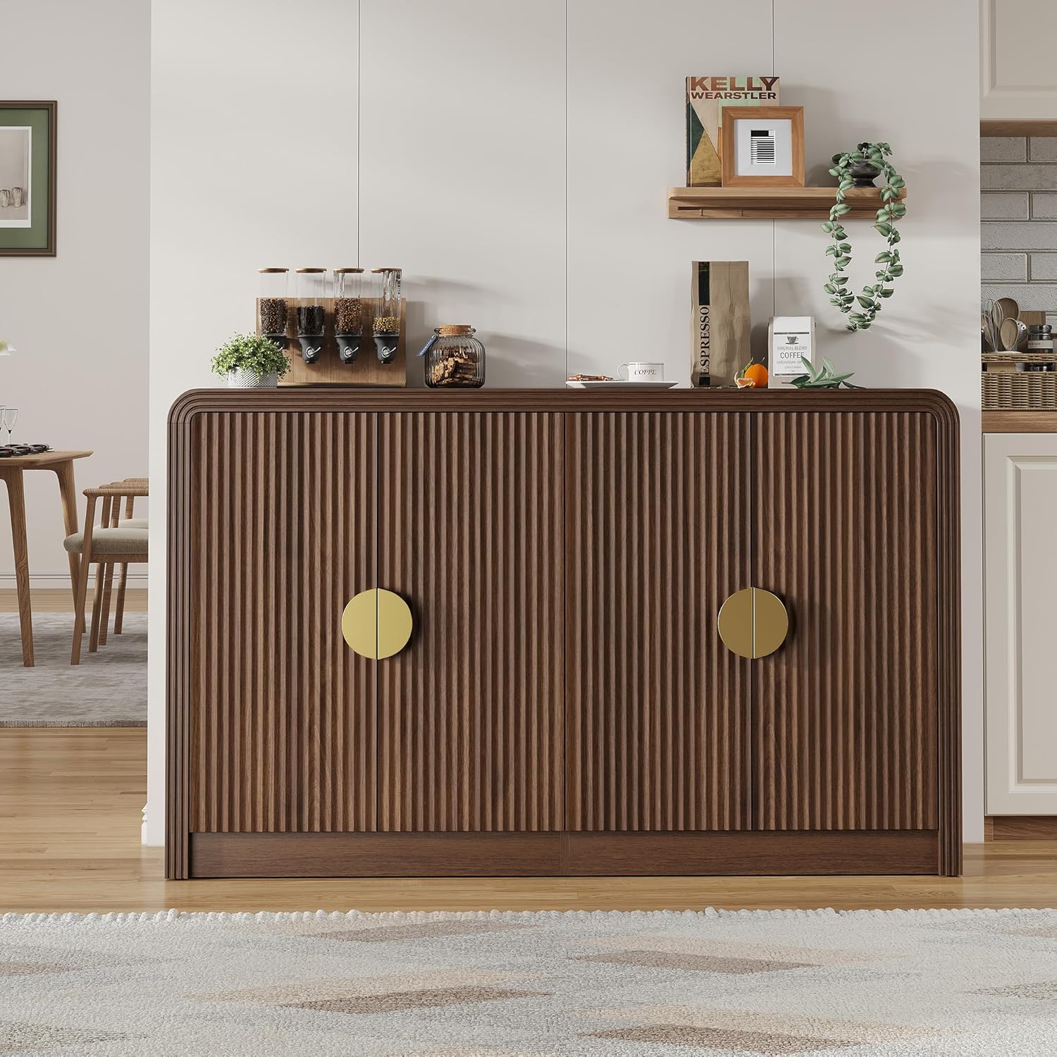 Decofy 55" Buffet Sideboard Cabinet, Mid Century Modern Console Cabinet with Wavy Grain Doors & Adjustable Shelves for Kitchen Cabinets, Living Room, Entryway, Coffee Bar Cabinet, Walnut