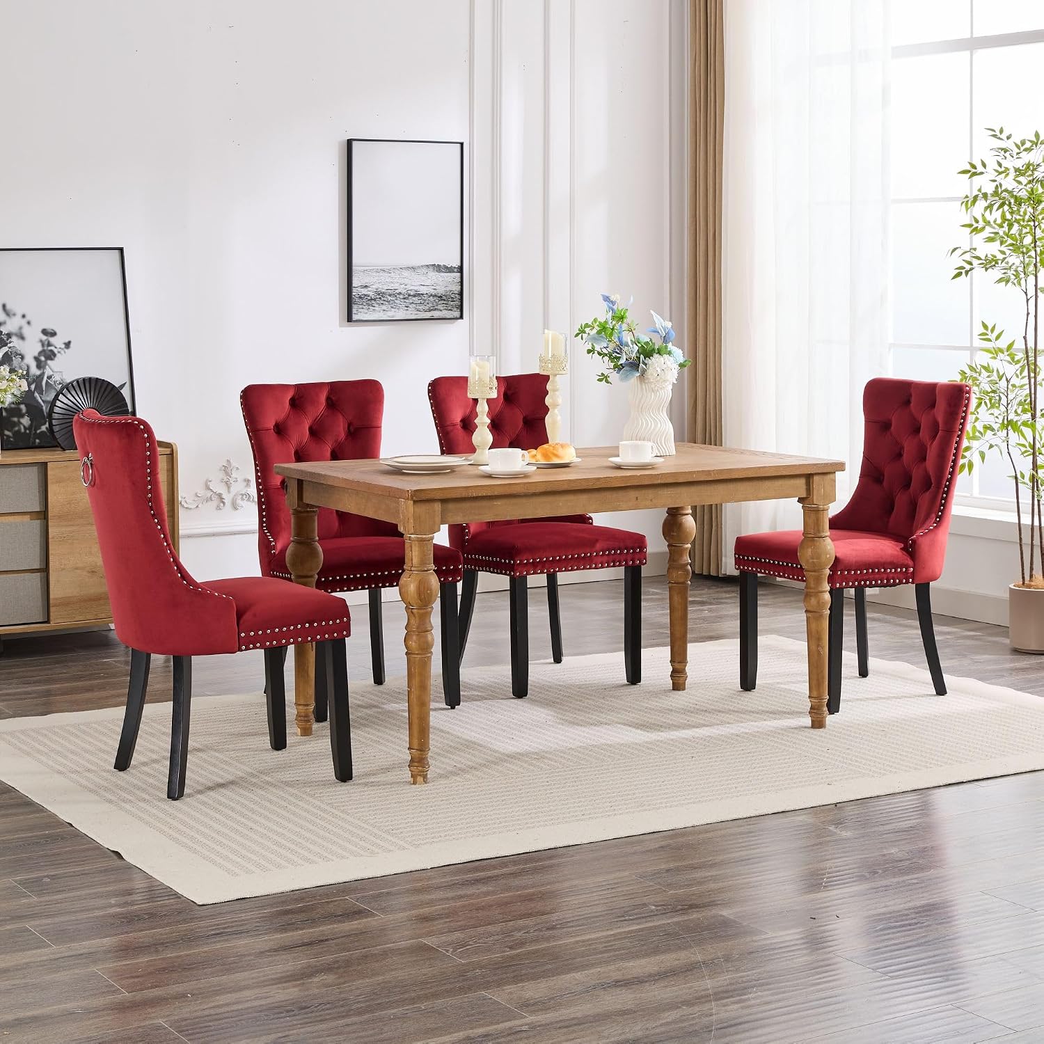 KEIKI Tufted Dining Room Chairs Set of 2, Velvet Kitchen Nailhead Trim Chairs with Solid Wood Legs and Padded Seat, Burgundy