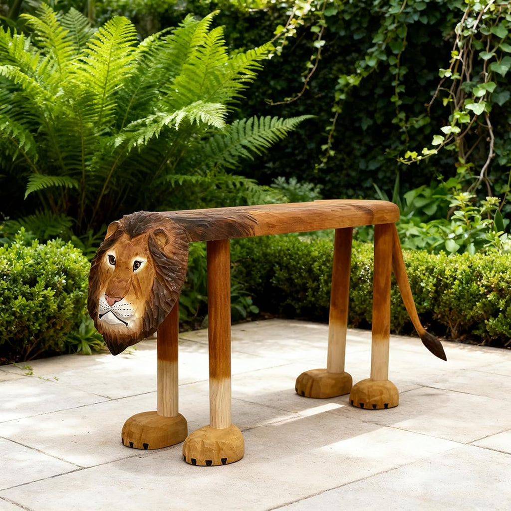 Lion Hand-Carved Wood Decorative Bench, Luxury Animal Design Shoe Bench, Solid Wood Animal Footstool for Bedroom Living Room