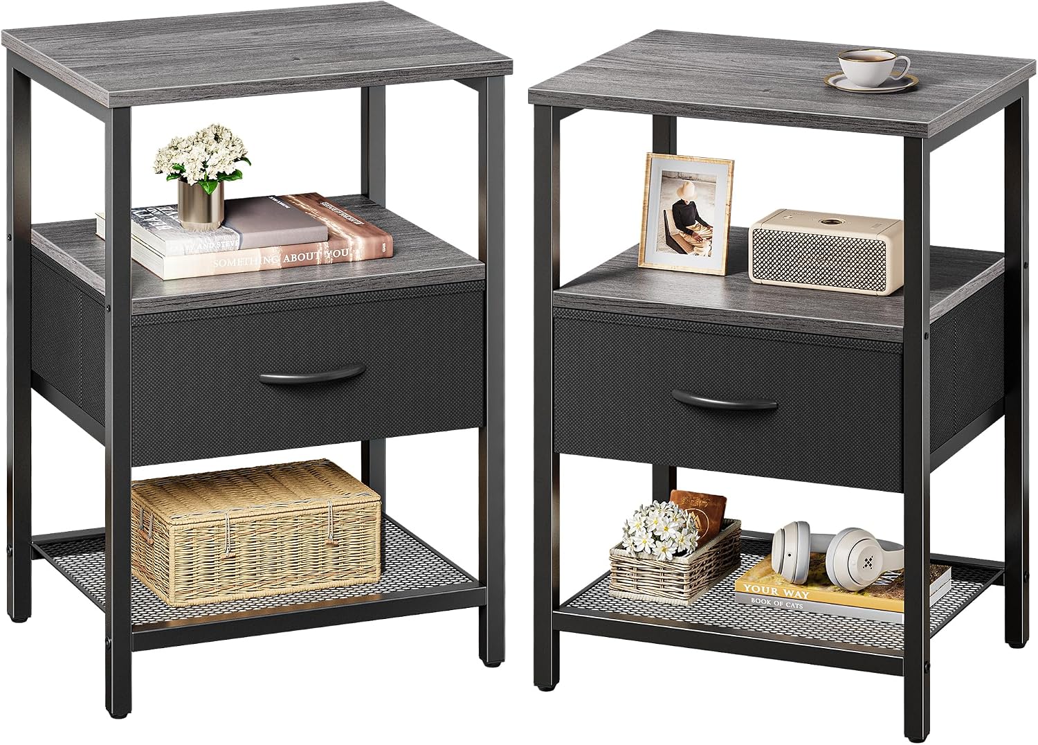 Huuger Nightstand Set of 2, Night Stand with Fabric Drawer, Mesh Shelf, Side Table with Storage, Fabric Drawer Dresser, Open Shelf, Metal Frame, Bedroom, Charcoal Gray
