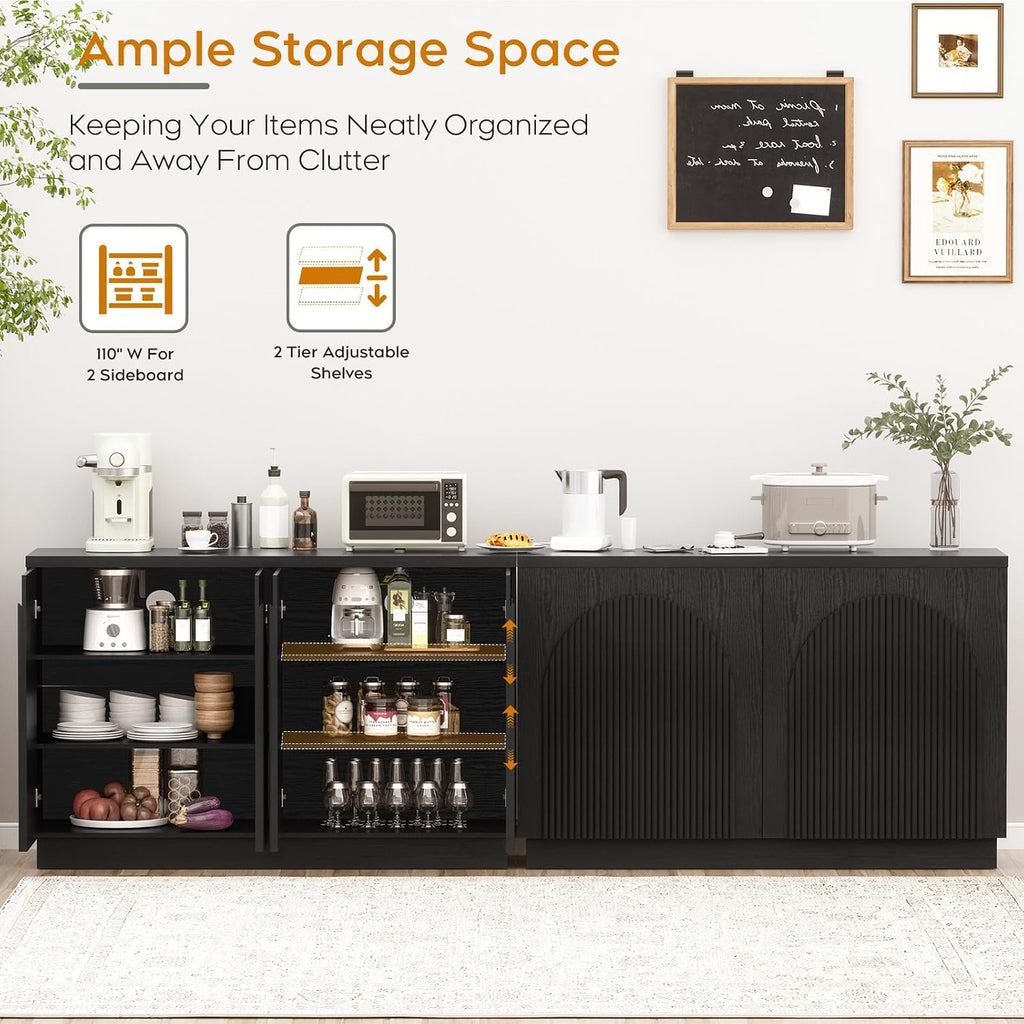Black Fluted Sideboard Buffet Cabinet Set of 2 with Arched Reeded Doors, 110 Inch Extra Long Mid Century Modern Credenza Accent Storage Cabinet with Adjustable Shelves for Living Room Dining Room