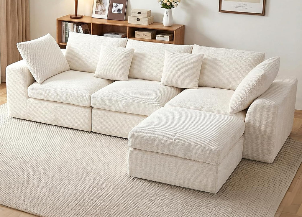 Benazcap 110" Cloud Sectional Couches for Living Room, L-Shaped Convertible Sofa, 3-Seat Modular Boneless Couch with Movable Ottoman, Beige