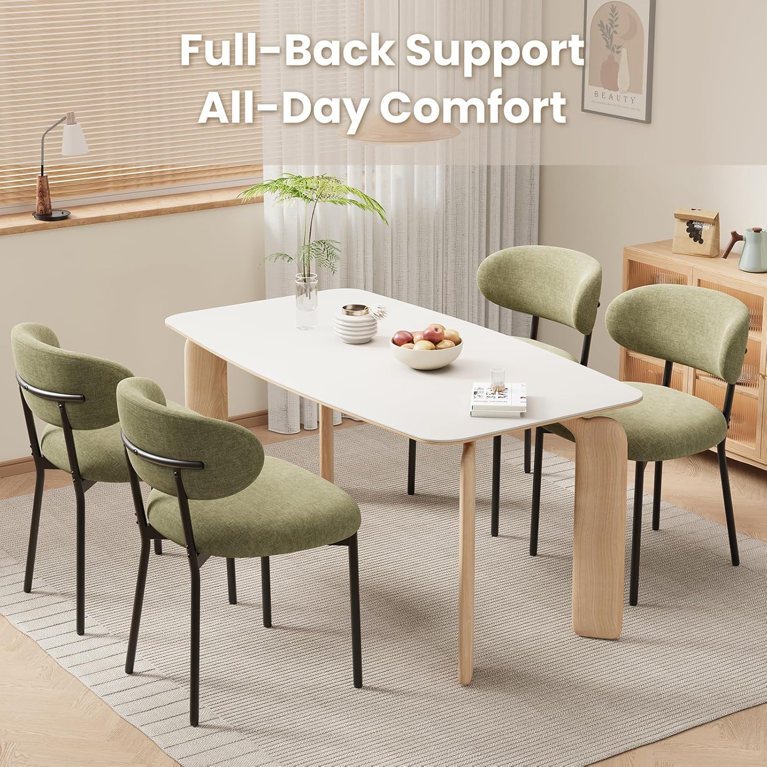 Upholstered Dining Chairs Set of 6, Modern Fabric Kitchen Chairs with Curved Backrest and Cushioned Seat, Sturdy Metal Legs, Modern Dining Chairs for Kitchen Dining Room, Living Room,Green