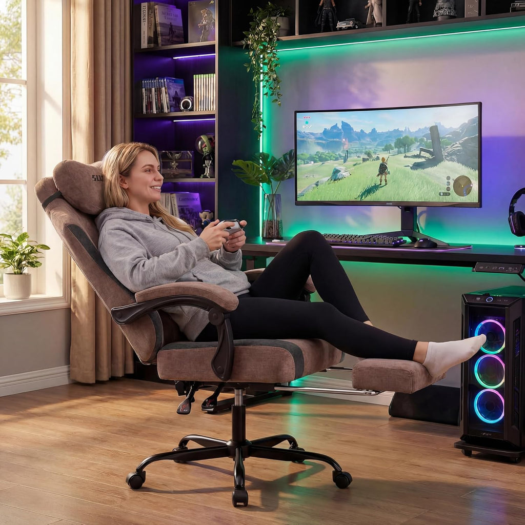 SUKIDA Fabric Video Gaming Chair, Ergonomic High-Back Computer Game Chairs with Large Massage Adjustable Lumbar Support, Headrest and Linked Armrests for Long Hours Sitting Task Chair, Brown