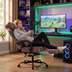 SUKIDA Fabric Video Gaming Chair, Ergonomic High-Back Computer Game Chairs with Large Massage Adjustable Lumbar Support, Headrest and Linked Armrests for Long Hours Sitting Task Chair, Brown