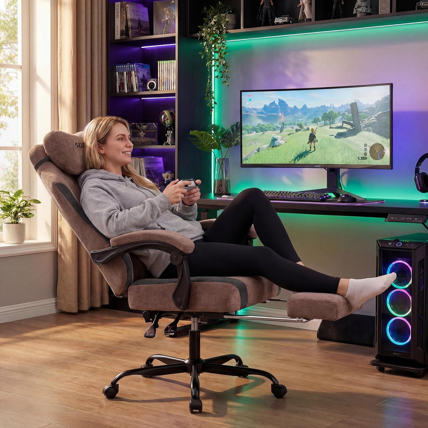 SUKIDA Fabric Video Gaming Chair, Ergonomic High-Back Computer Game Chairs with Large Massage Adjustable Lumbar Support, Headrest and Linked Armrests for Long Hours Sitting Task Chair, Brown