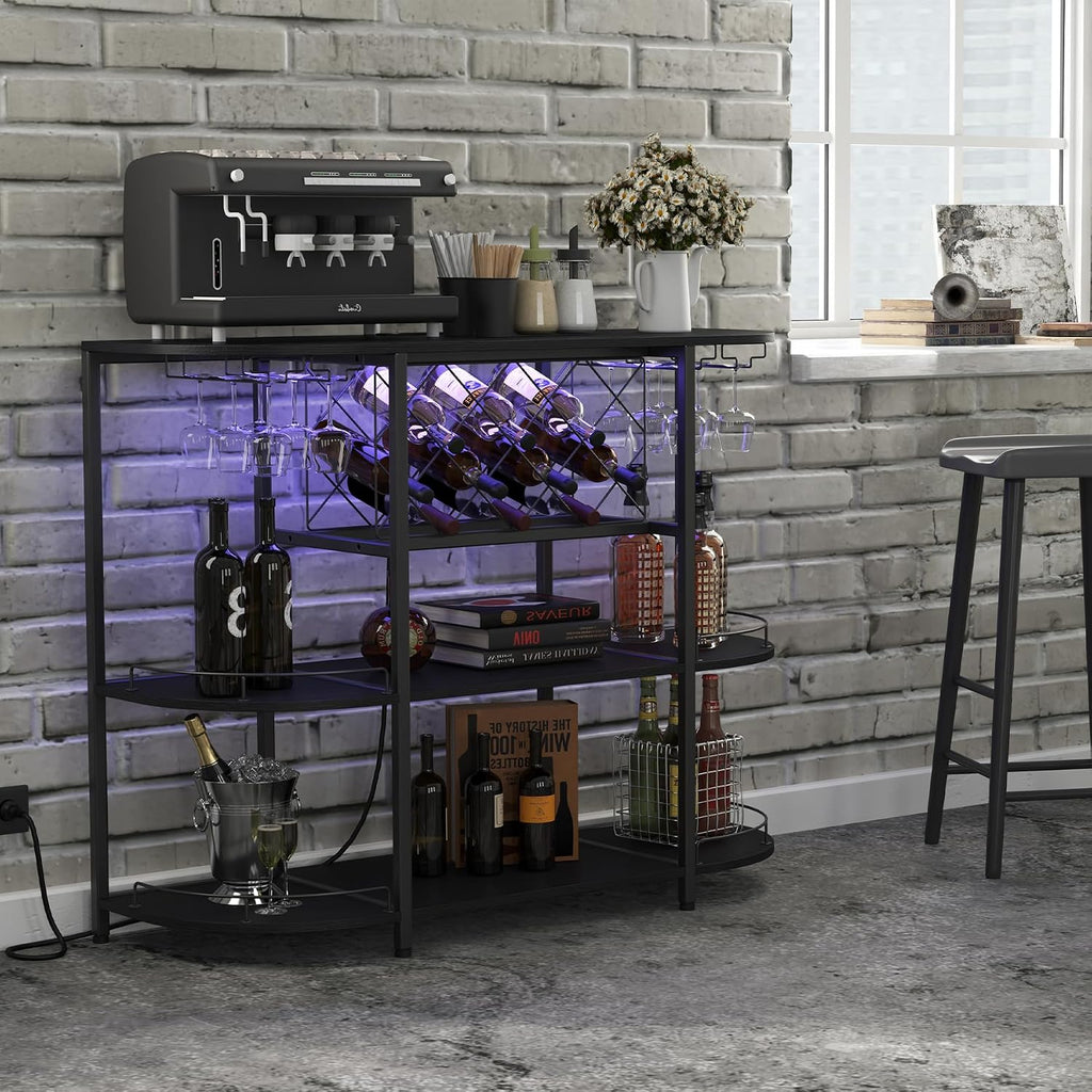 ZOPEND Wine Cabinet Coffee Table with Power Socket and LED Light, Three Tiers Coffee Bar Table Wine Rack Liqour Bar with Large Storage for Home Kitchen (Black)
