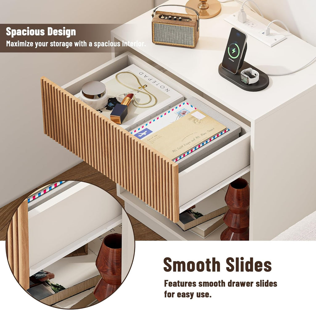 End Table with Charging Station, Fluted Nightstands Set of 2,Modern Bedside Table with Drawer and Storage Shelf, Wood End Table Mid Century Night Stands for Bedroom Living Room(White+Oak)