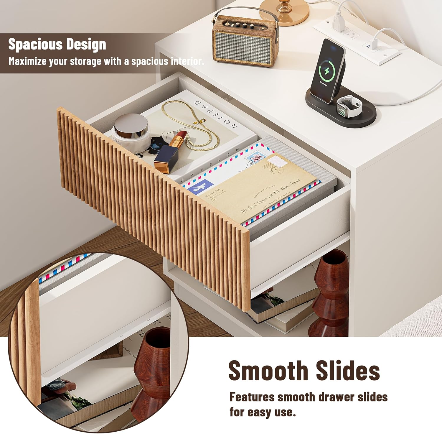 End Table with Charging Station, Fluted Nightstands Set of 2,Modern Bedside Table with Drawer and Storage Shelf, Wood End Table Mid Century Night Stands for Bedroom Living Room(White+Oak)