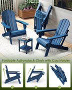 GREENVINES Folding-Adirondack-Chairs-Set-of-2 | HDPE Plastic | Fire Pit Chair | All Weather | Cup Holder | Blue | for Deck Backyard Patio Outdoor Garden