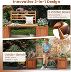 Outdoor Planter Box with Bench, Teak Oil Finish Wood Seat with 2 Open-Ended Base Garden Beds & Backrest, Decorative Plant Container for Yard, Balcony & Porch