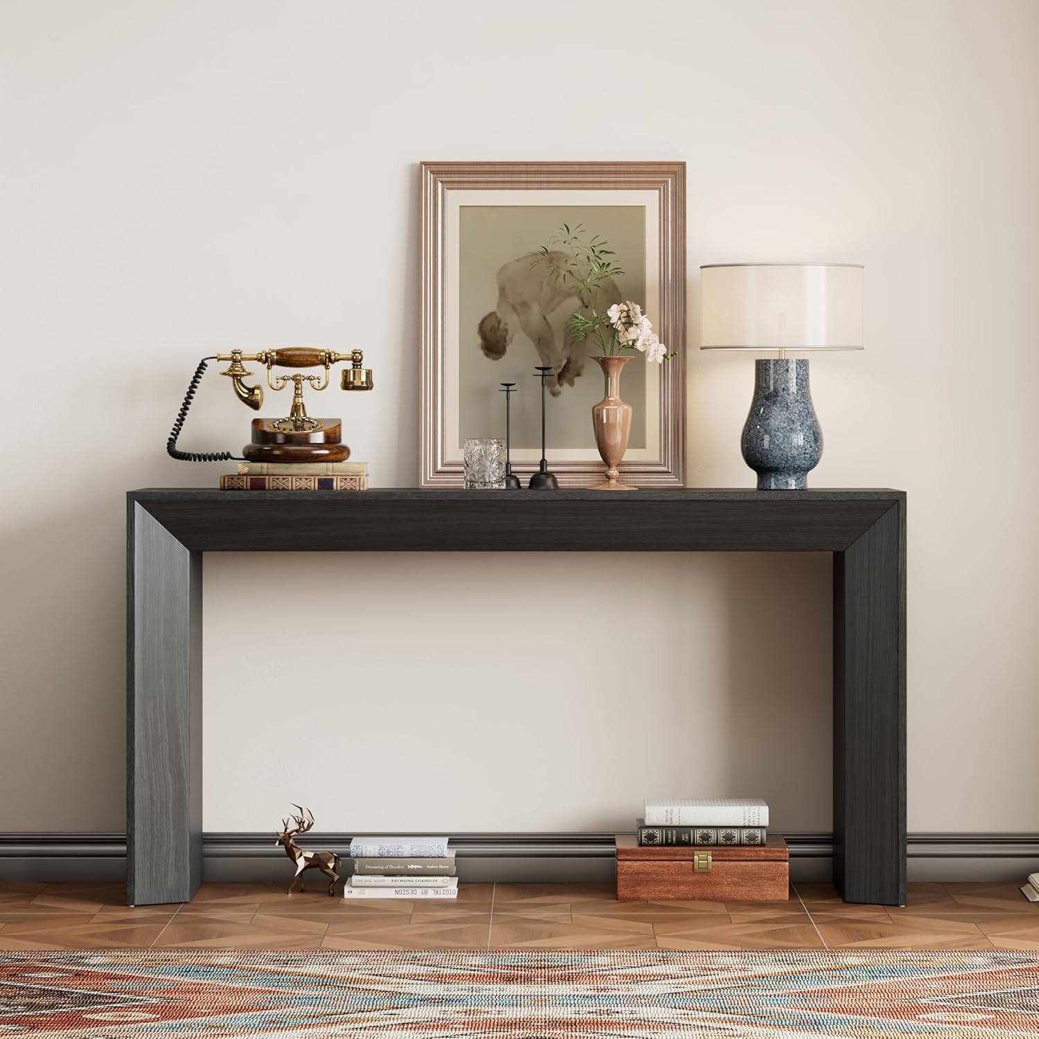Elegant Console Table,Fireplace Design,Simple and Functional with Wood Veneer Top,for Hallway, Living Room, or Entryway