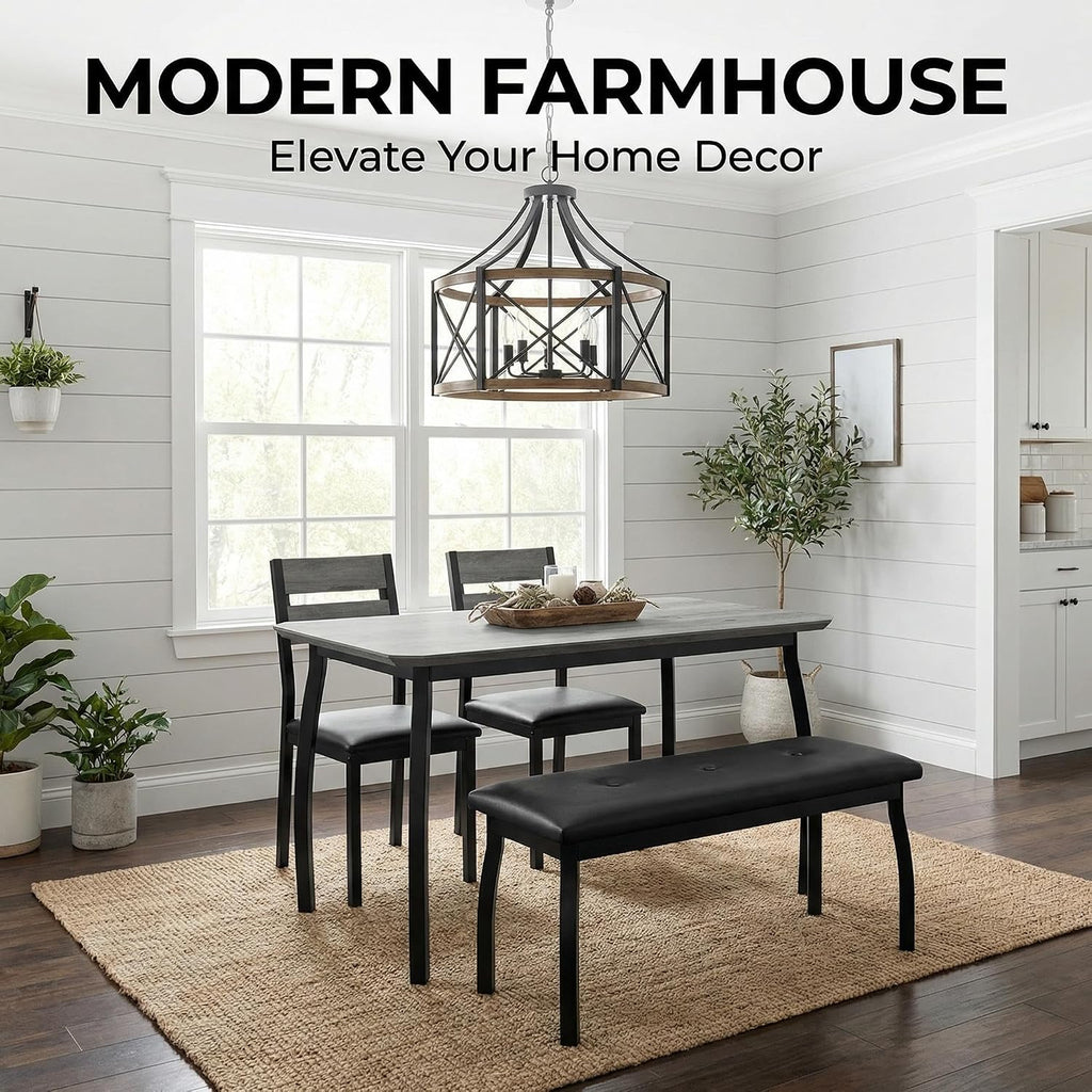43" Dining Table Set for 4, Space Saving Kitchen Table with Upholstered Bench and 2 Chairs, Small Dining Table Set for 4, Modern Farmhouse Dinette Set for Small Dining Room, Gray