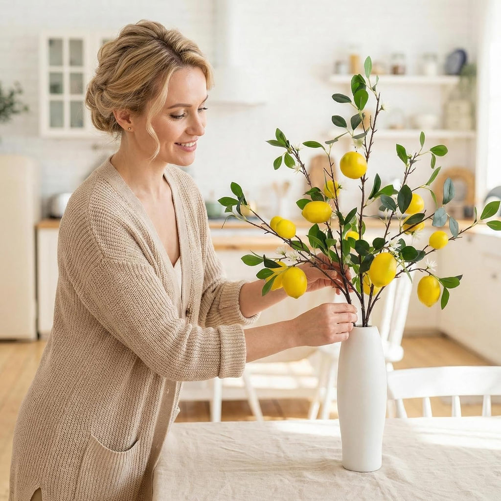 Artificial Lemon Branches Set of 3 – 37" Faux Lemons with Stem for Kitchen Decor Farmhouse Flower Arrangement Table Centerpiece Vase Filler Home Office Party Decoration