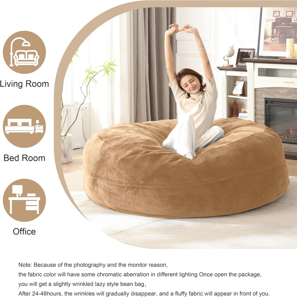 Bean Bag Chair for Adults Soft Comfy Bean Bag for Adults, Cozy Reading Chair, Large Round Bean Bag Couch, Versatile Living Room & Bedroom Chairs (Apricot, 6FT)