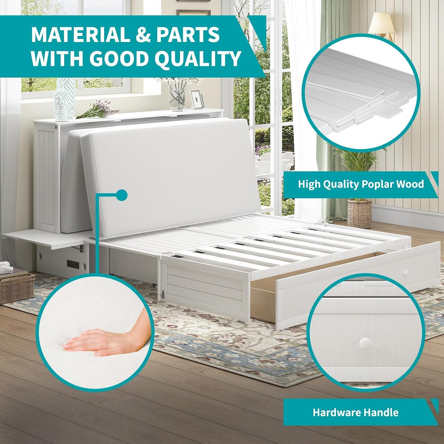 BALUS Queen Murphy Bed, Cabinet Murphy Bed with 2 Storage Drawers-White | USB Charing Station, Spacious Drawer, Space Saving, Queen Bed Frame