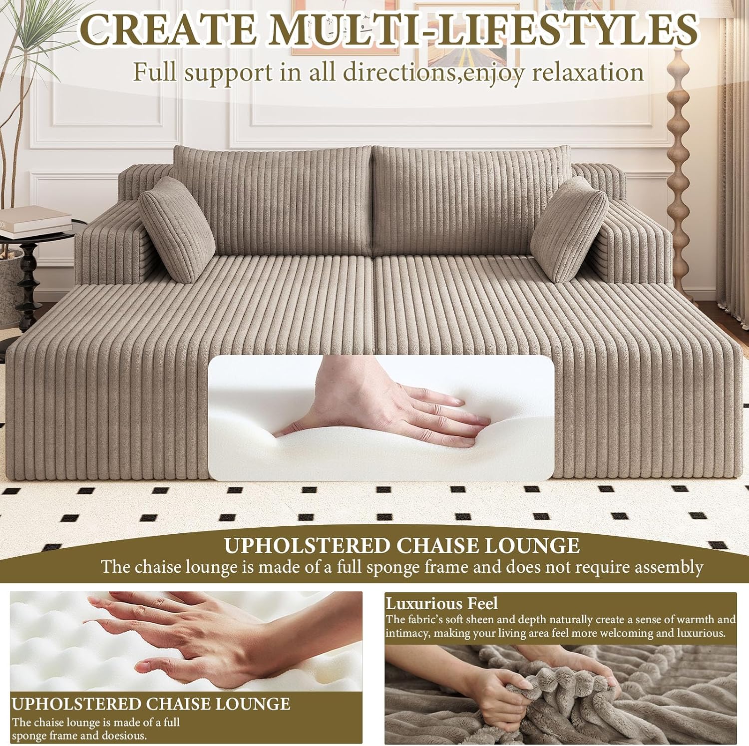 71" Oversized Double Chaise Lounges Indoor, Upholstered Corduroy Oversized Chaise Lounge Chair, Modern Sleeper Loveseat Chair Boneless Cloud Couch for Living Room Bedroom Reading (Camel)