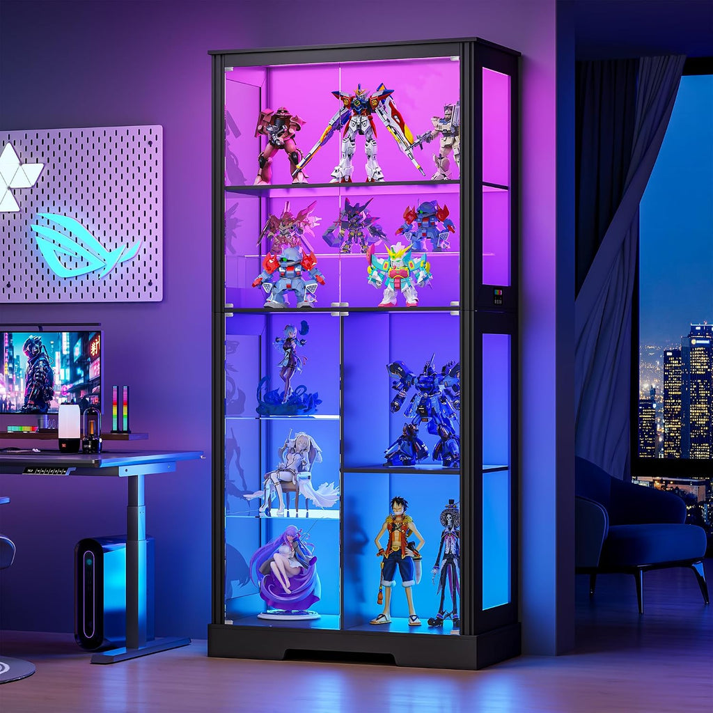 Gurexl Display Cabinet with Motion Sensor LED Lights, Glass Curio Cabinet with Adjustable Shelves & Glass Door, Modern Tall Display Case for Collectibles, Toys, Figures, Ideal for Living Room, Black